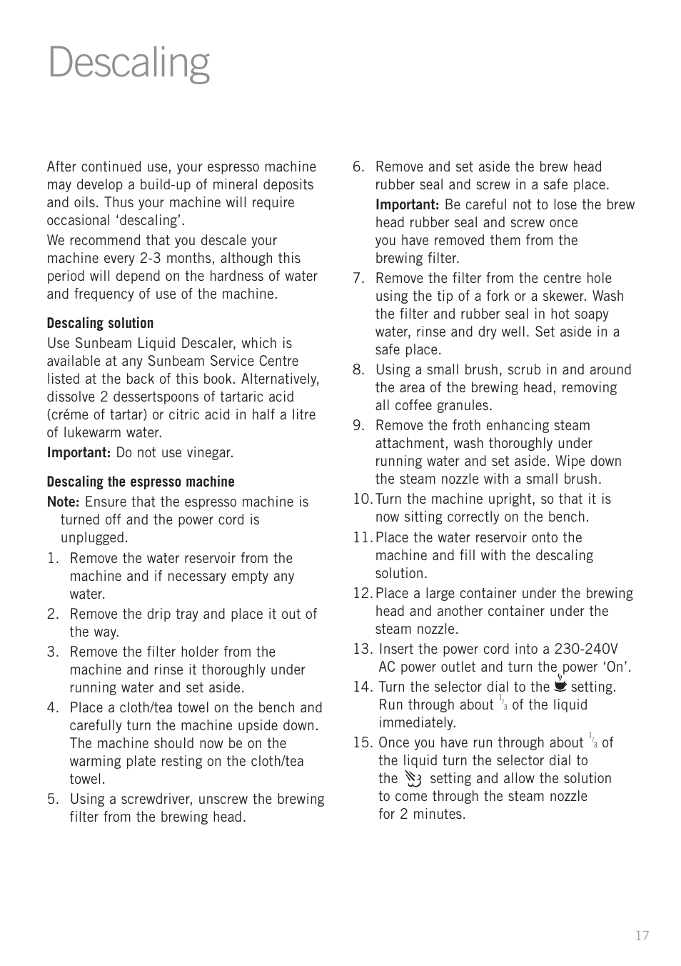 Descaling | Sunbeam EM3500S User Manual | Page 19 / 28