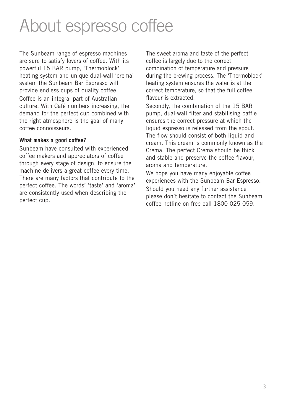 About espresso coffee | Sunbeam EM3500S User Manual | Page 5 / 28