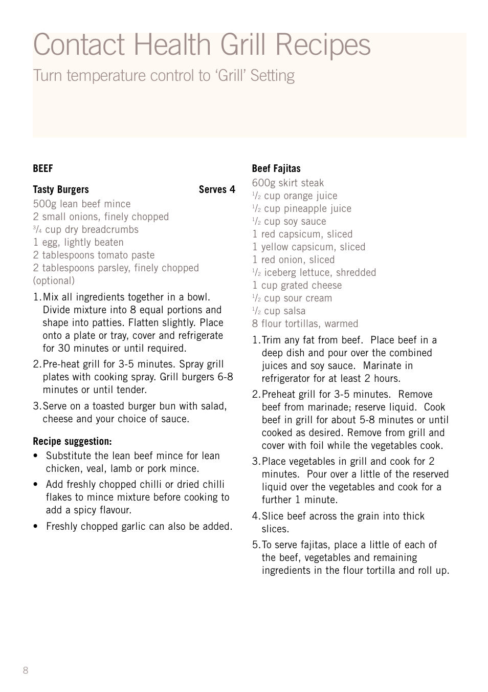 Contact health grill recipes, Turn temperature control to ‘grill’ setting | Sunbeam GC4600 User Manual | Page 10 / 24