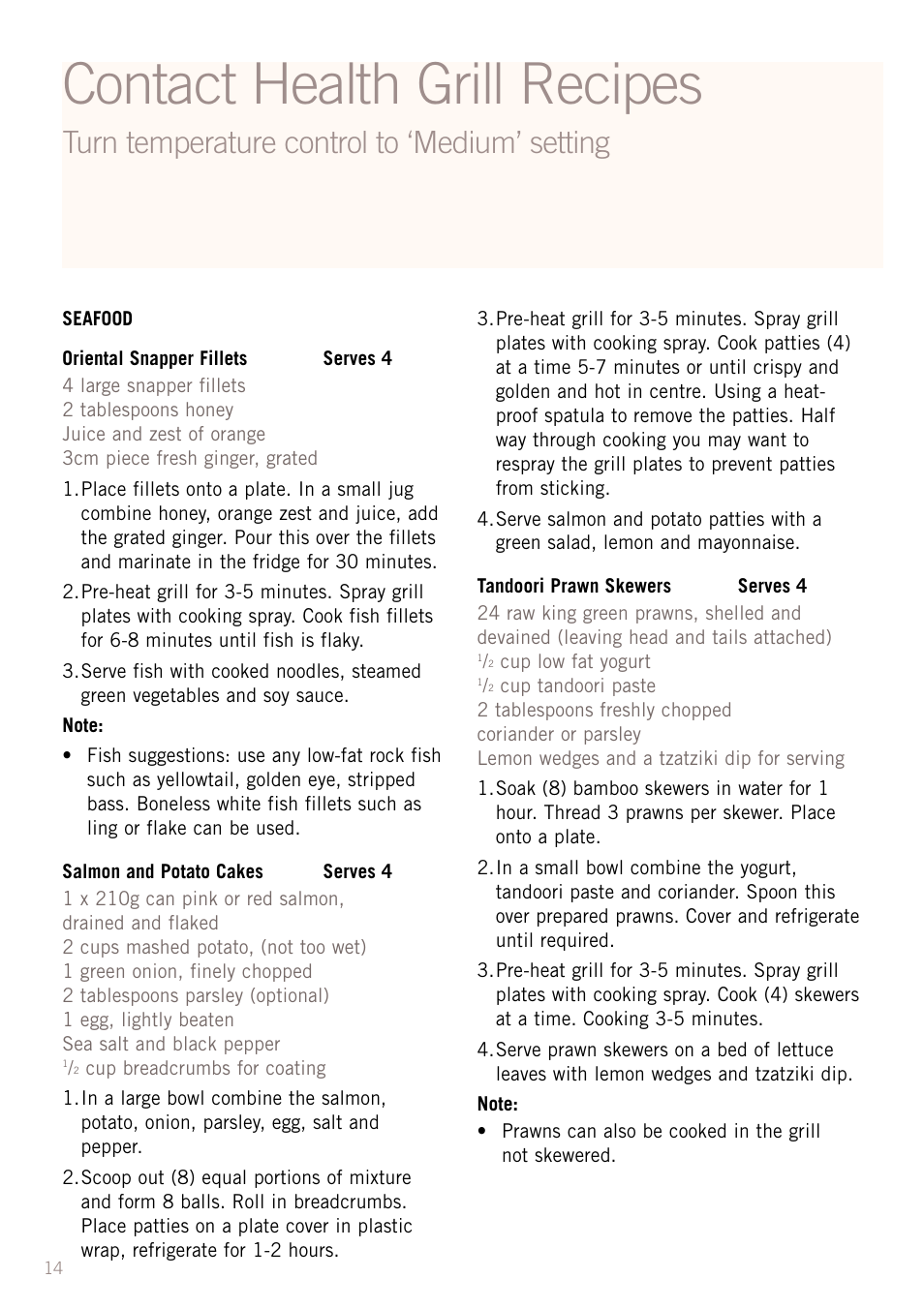Contact health grill recipes, Turn temperature control to ‘medium’ setting | Sunbeam GC4600 User Manual | Page 16 / 24