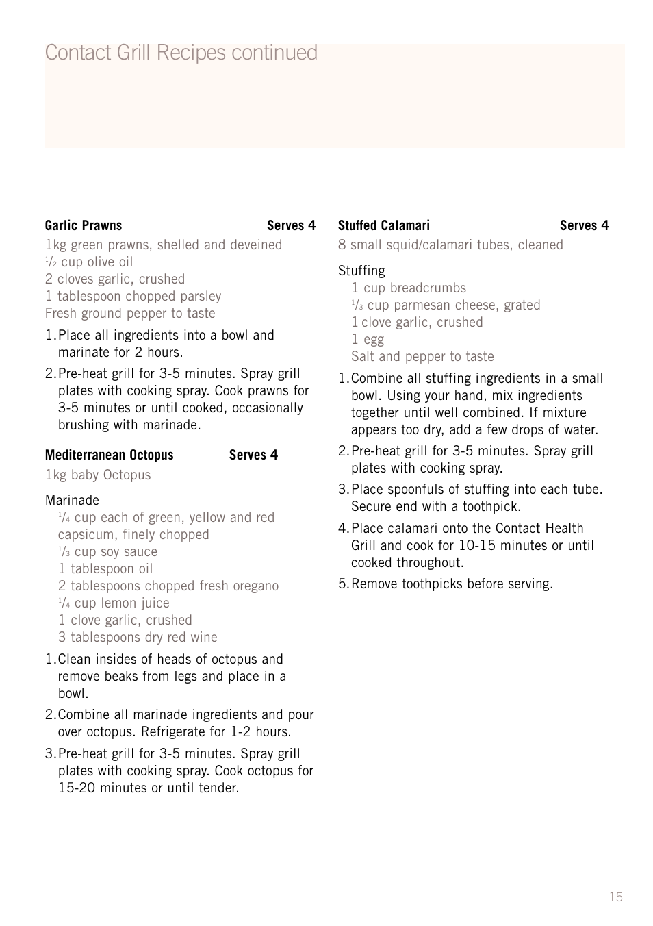 Contact grill recipes continued | Sunbeam GC4600 User Manual | Page 17 / 24
