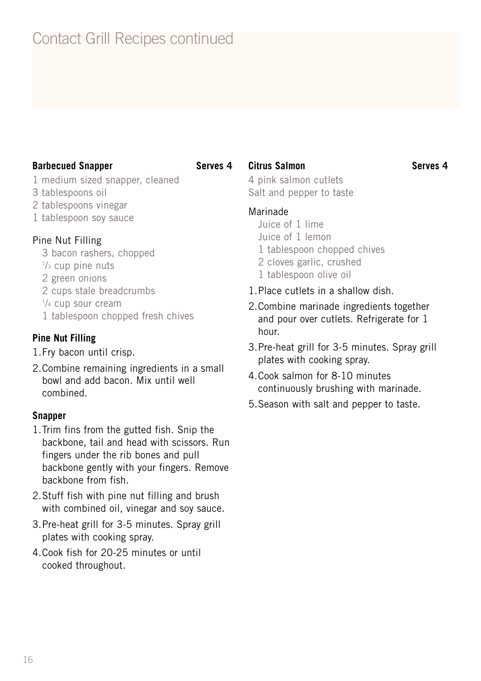 Contact grill recipes continued | Sunbeam GC4600 User Manual | Page 18 / 24