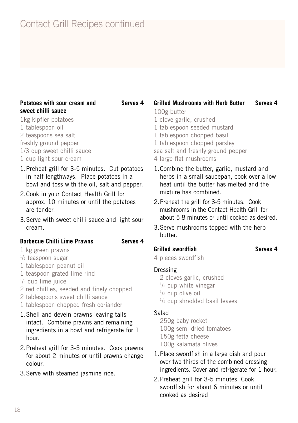 Contact grill recipes continued | Sunbeam GC4600 User Manual | Page 20 / 24