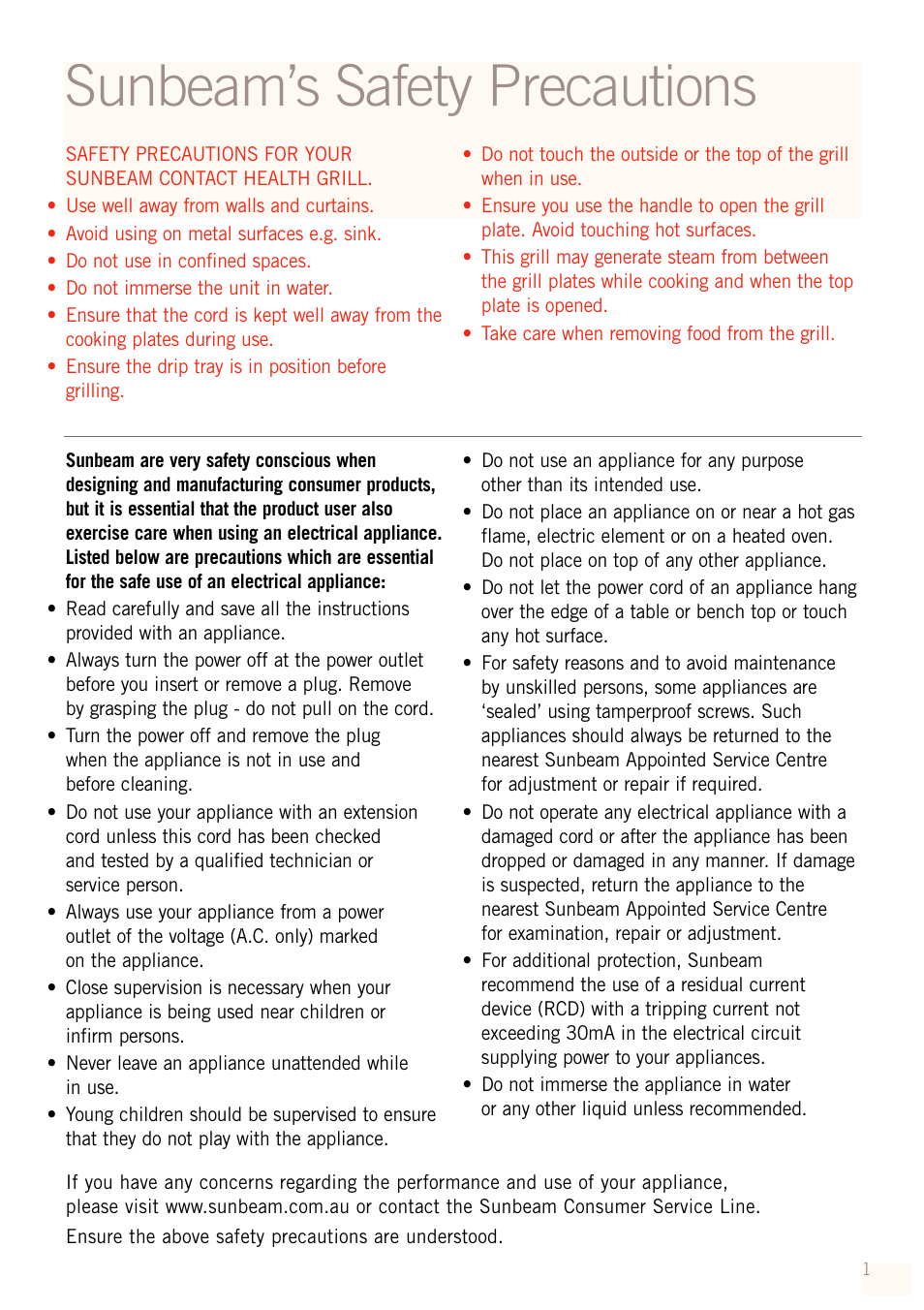 Sunbeam’s safety precautions | Sunbeam GC4600 User Manual | Page 3 / 24