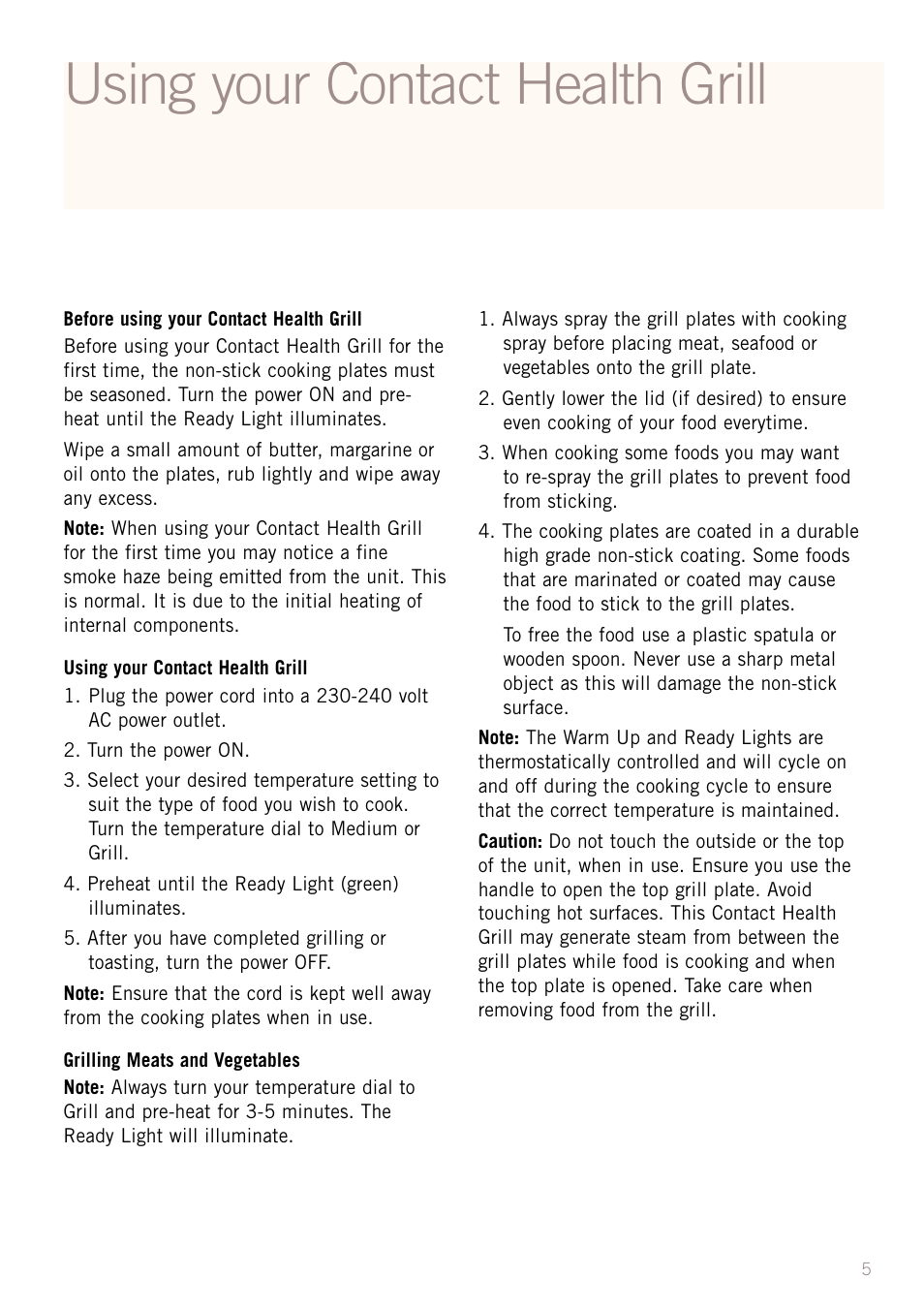 Using your contact health grill | Sunbeam GC4600 User Manual | Page 7 / 24