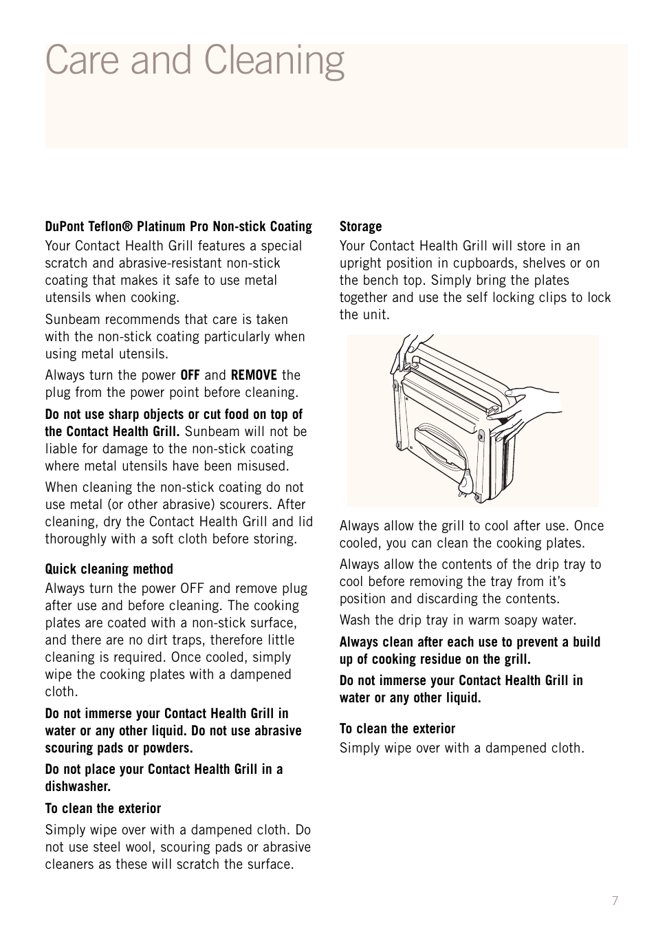 Care and cleaning | Sunbeam GC4600 User Manual | Page 9 / 24