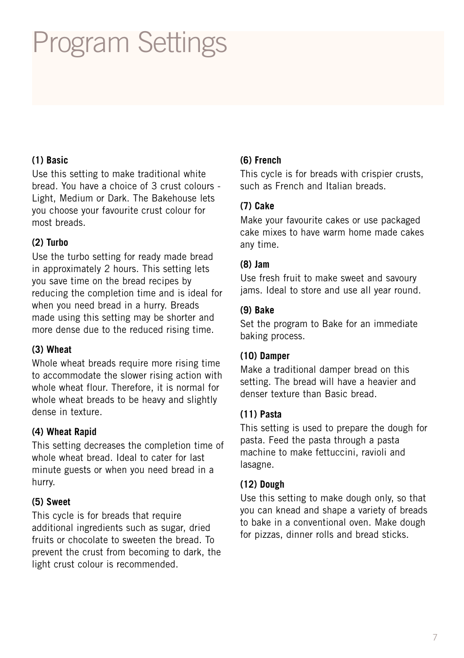 Program settings | Sunbeam BM3500 User Manual | Page 10 / 67