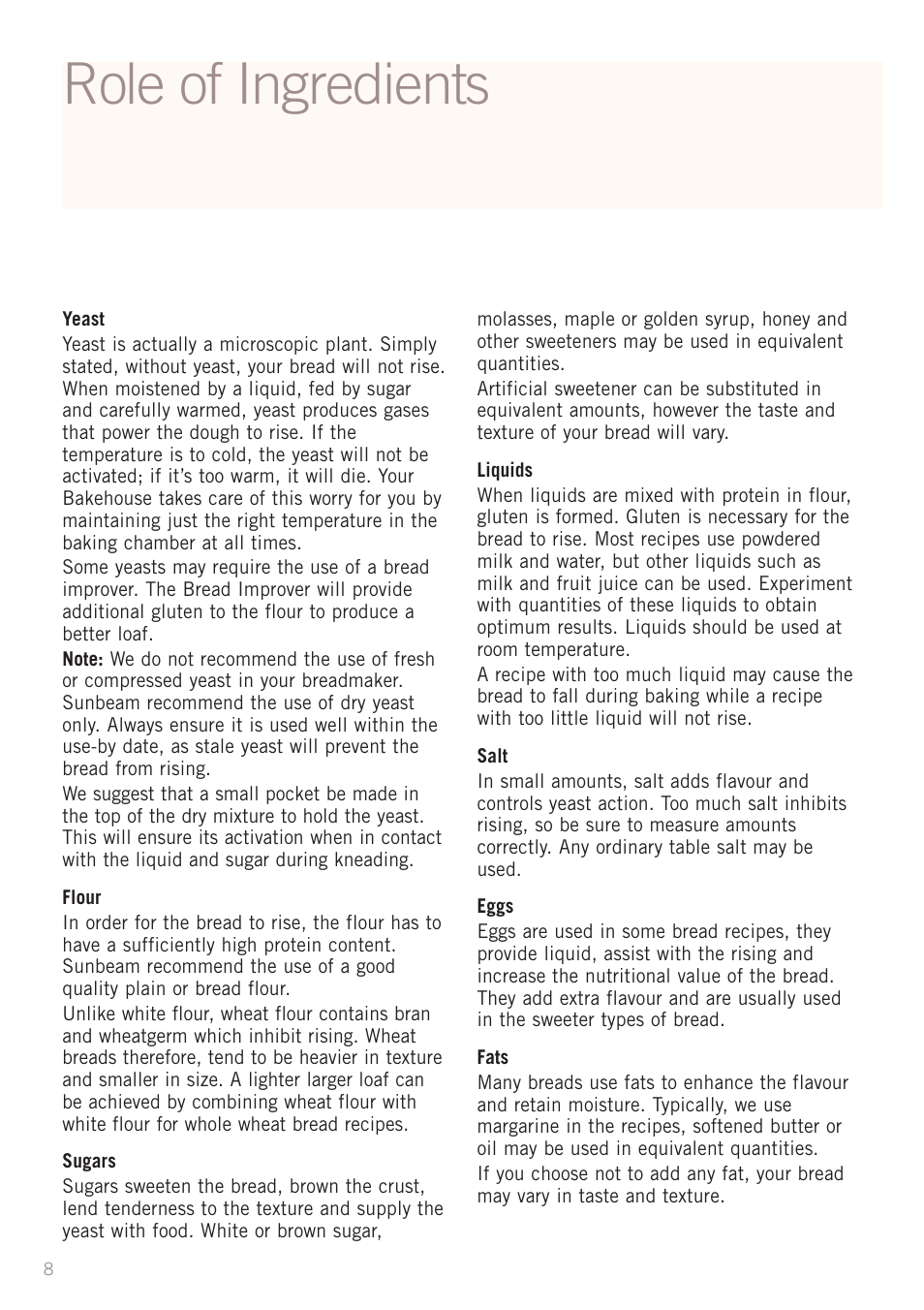 Role of ingredients | Sunbeam BM3500 User Manual | Page 11 / 67