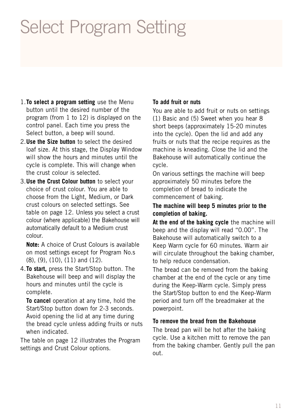 Select program setting | Sunbeam BM3500 User Manual | Page 14 / 67