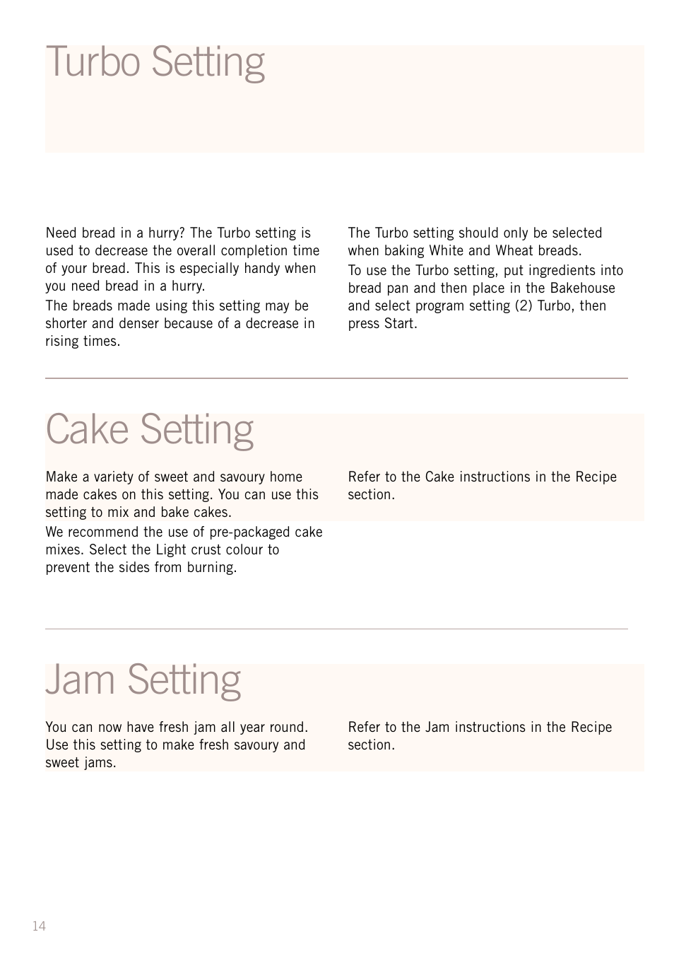 Turbo setting cake setting, Jam setting | Sunbeam BM3500 User Manual | Page 17 / 67