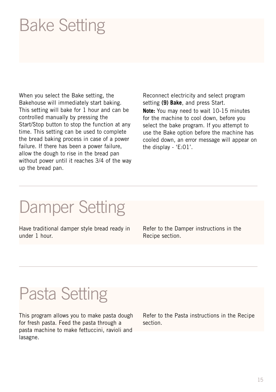 Bake setting damper setting, Pasta setting | Sunbeam BM3500 User Manual | Page 18 / 67