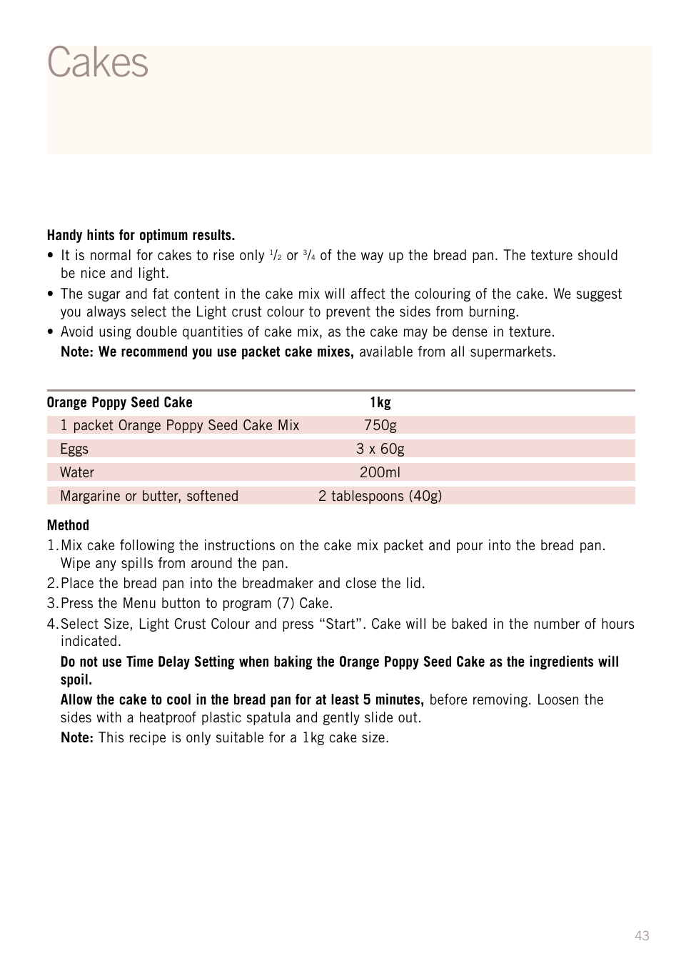 Cakes | Sunbeam BM3500 User Manual | Page 46 / 67