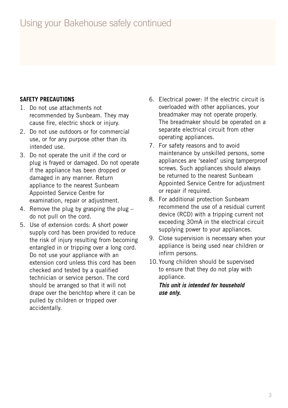 Using your bakehouse safely continued | Sunbeam BM3500 User Manual | Page 6 / 67