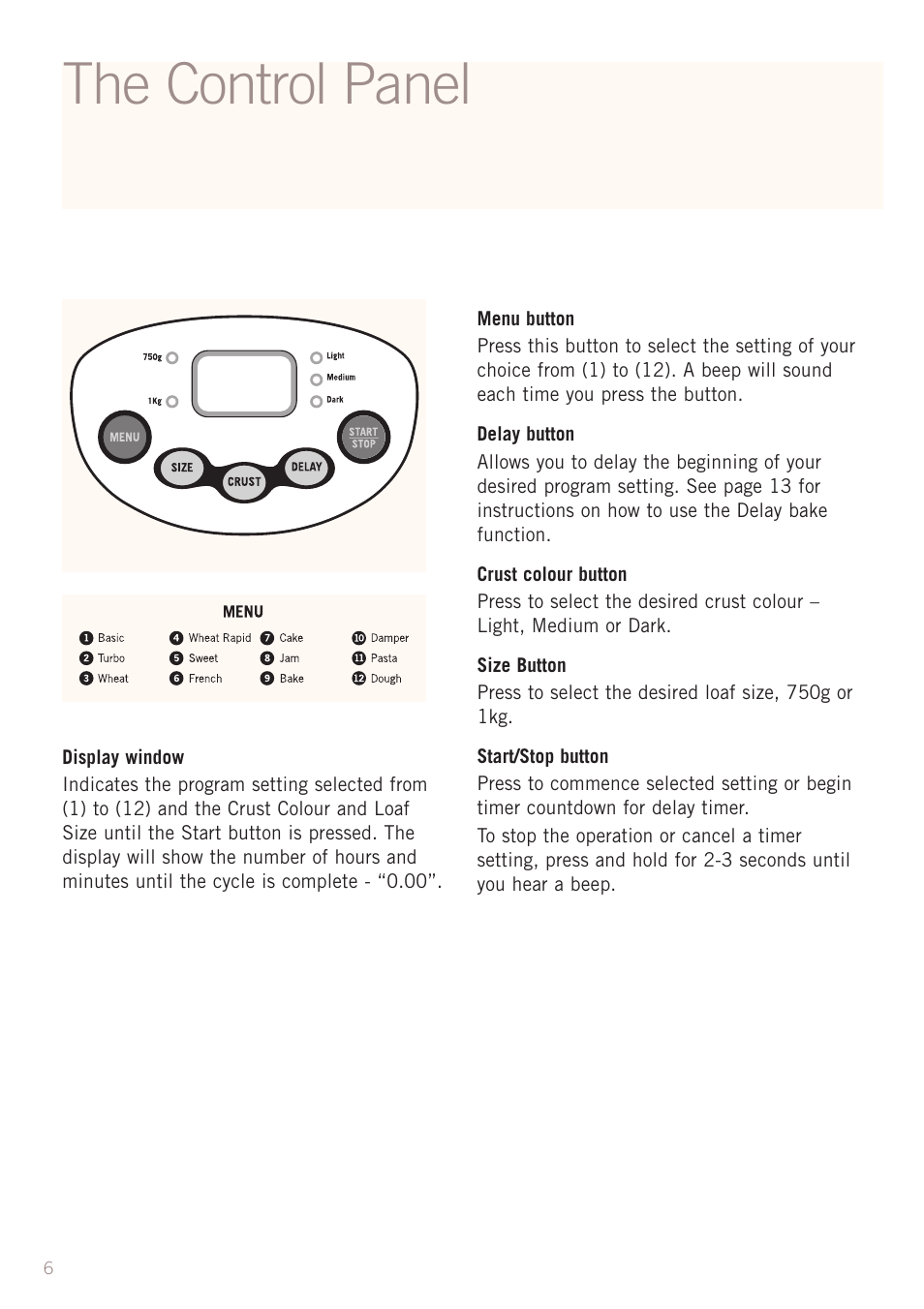 The control panel | Sunbeam BM3500 User Manual | Page 9 / 67