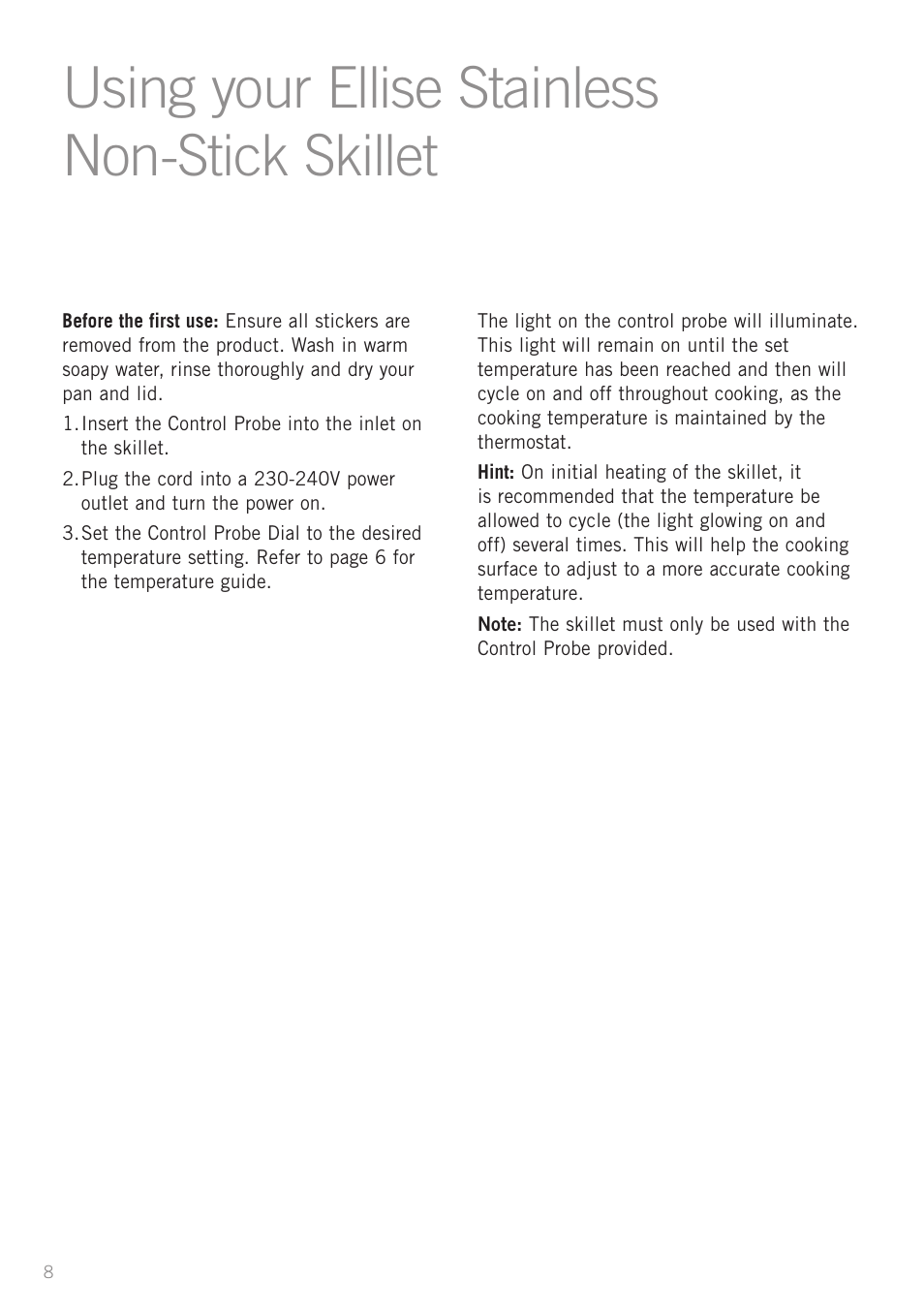 Using your ellise stainless non-stick skillet | Sunbeam SK6400 User Manual | Page 9 / 29