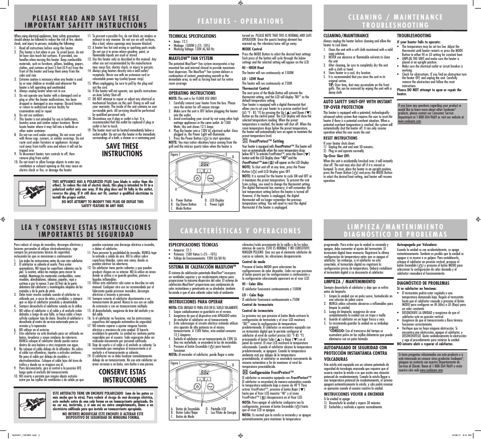 Save these instructions, Conserve estas instrucciones | Sunbeam HEATER CALEFACTOR sqh357 User Manual | Page 2 / 2