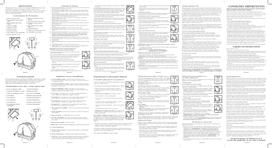 Consignes importantes, Gardez ces instructions, Bienvenido | Préparatifs pour la toute première utilisation, Familiarisez-vous avec votre grille-pain, Onociendo, Ostador, Ongratulations, Garantía limitada de 1 año, Garantie limitée de un an | Sunbeam 3916 User Manual | Page 2 / 2