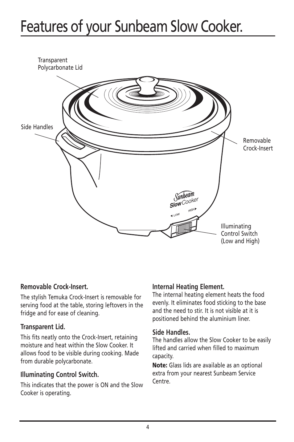Features of your sunbeam slow cooker | Sunbeam HP003D User Manual | Page 4 / 23