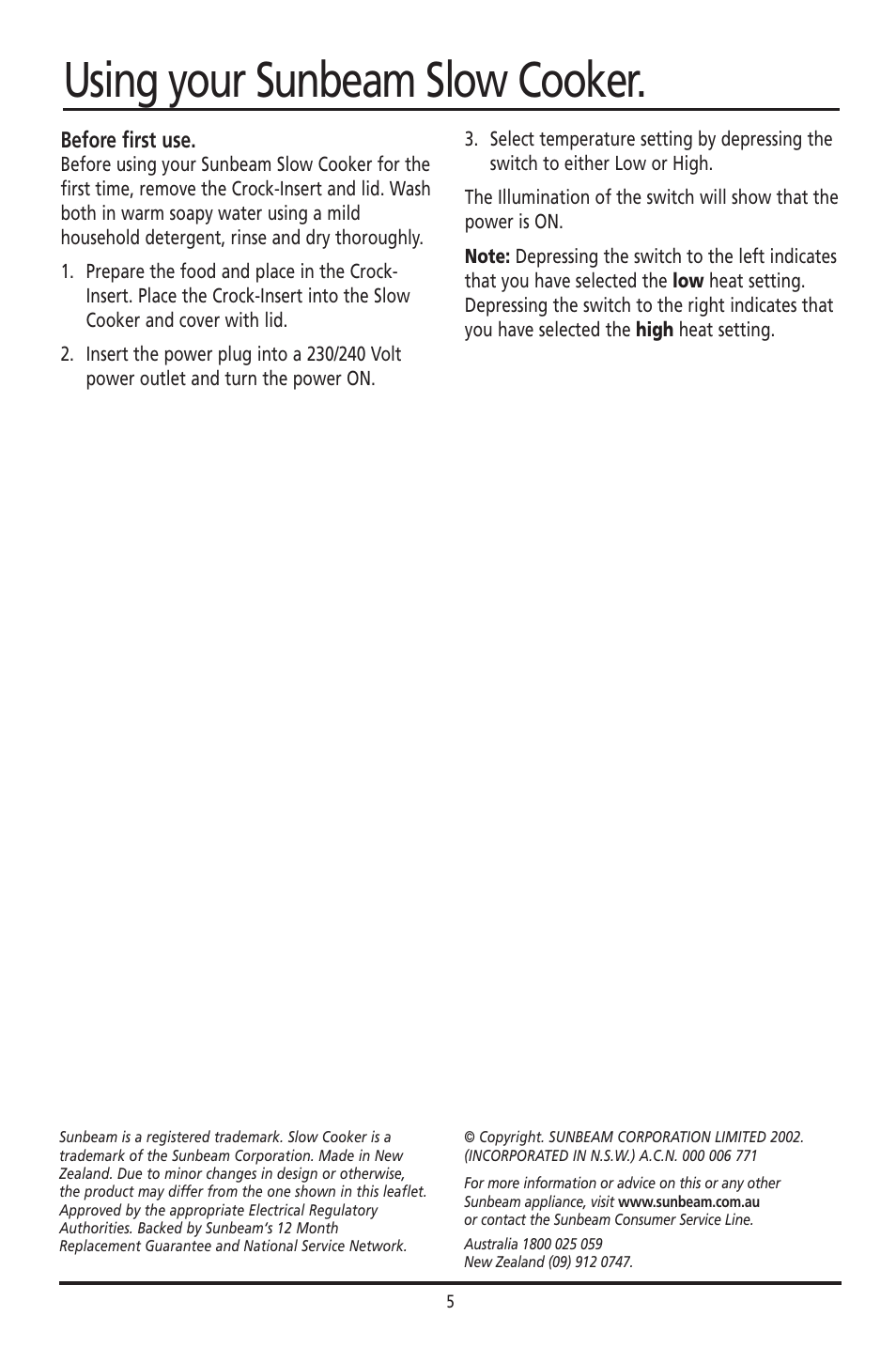 Using your sunbeam slow cooker | Sunbeam HP003D User Manual | Page 5 / 23