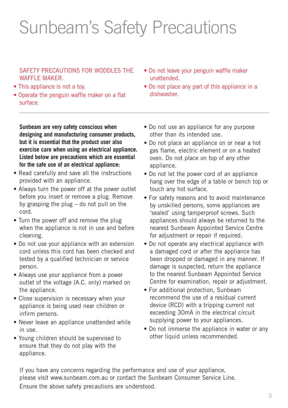 Sunbeam’s safety precautions | Sunbeam WM3100 User Manual | Page 3 / 12