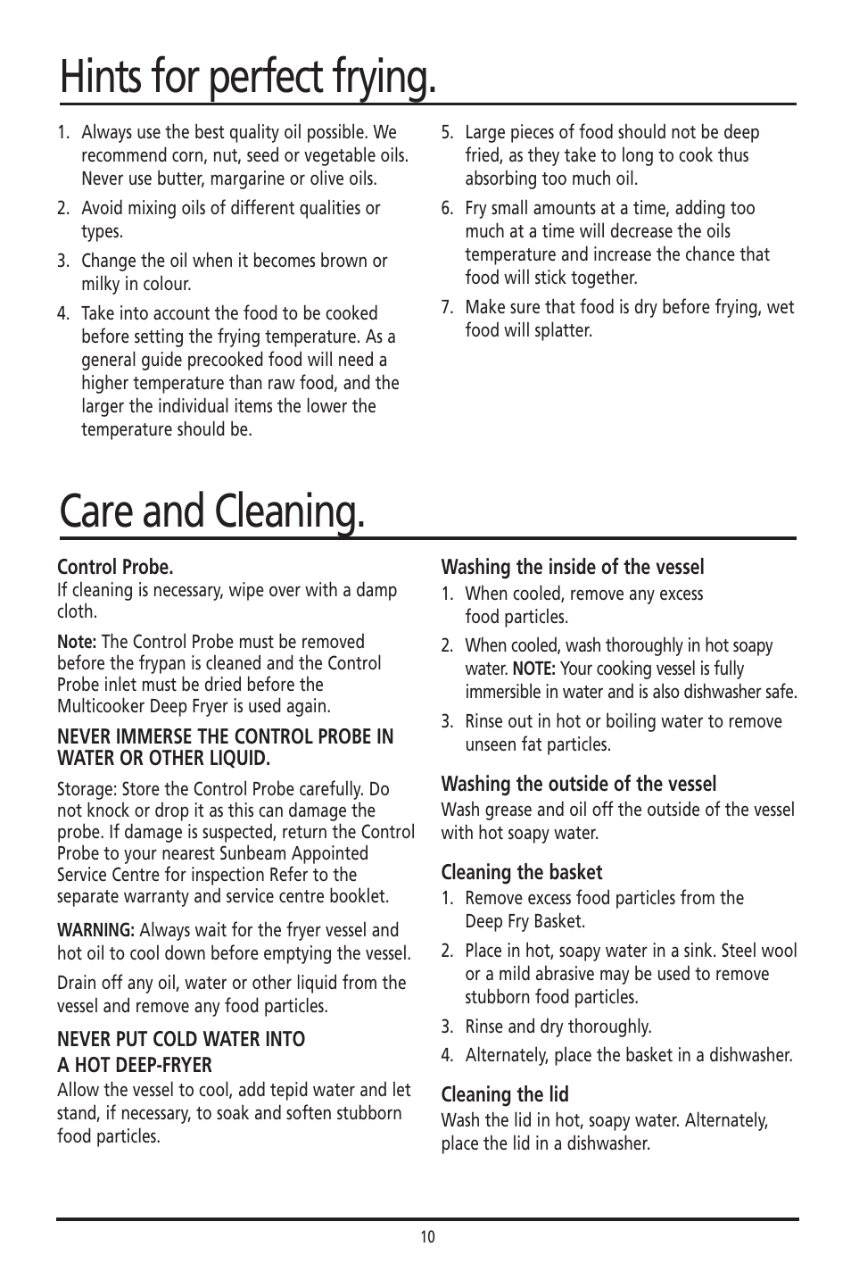 Hints for perfect frying, Care and cleaning | Sunbeam DF4400 User Manual | Page 10 / 36