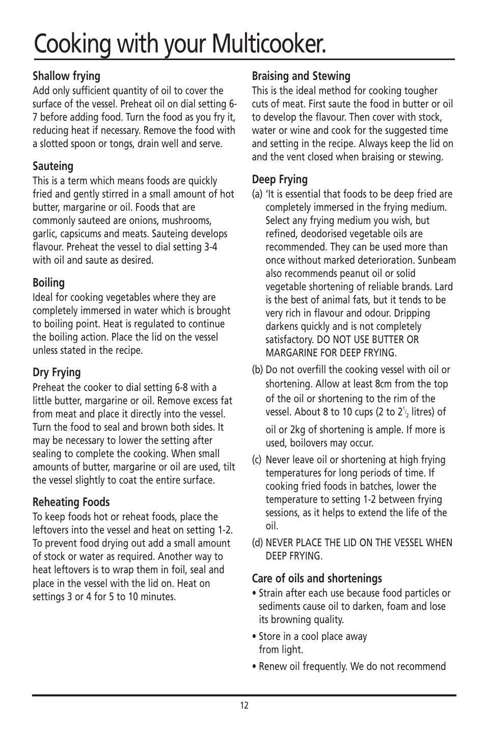 Cooking with your multicooker | Sunbeam DF4400 User Manual | Page 12 / 36