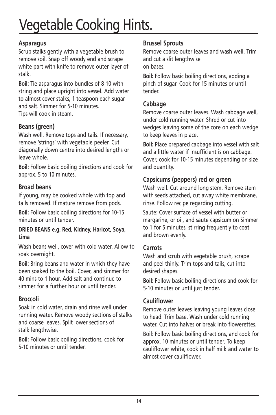Vegetable cooking hints | Sunbeam DF4400 User Manual | Page 14 / 36