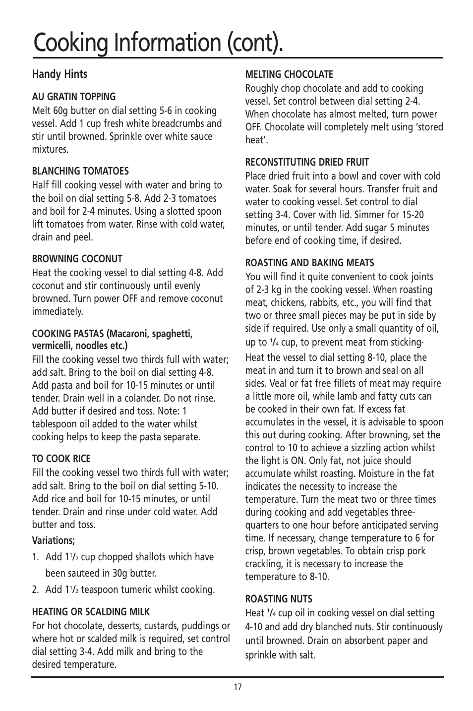 Cooking information (cont), Handy hints | Sunbeam DF4400 User Manual | Page 17 / 36