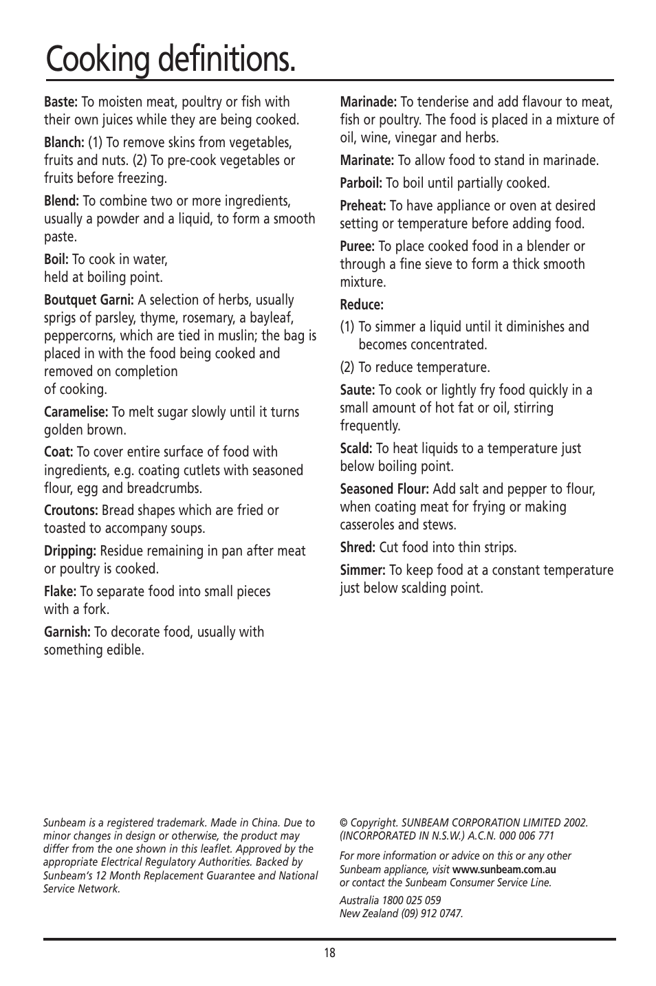 Cooking definitions | Sunbeam DF4400 User Manual | Page 18 / 36