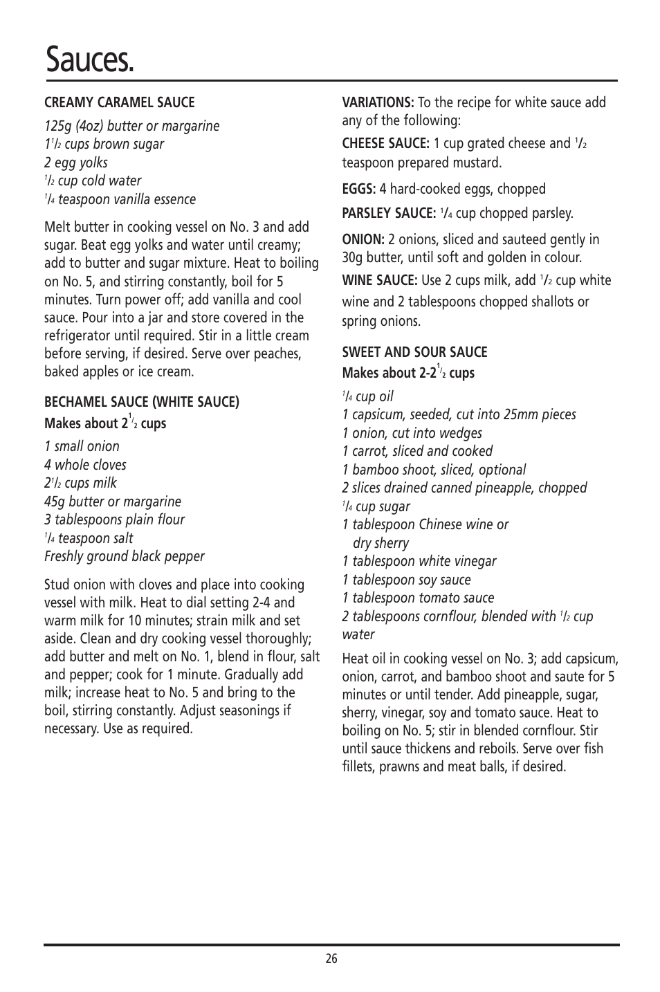 Sauces, Cups brown sugar 2 egg yolks, Cup cold water | Cups 1 small onion 4 whole cloves 2, Cups | Sunbeam DF4400 User Manual | Page 26 / 36