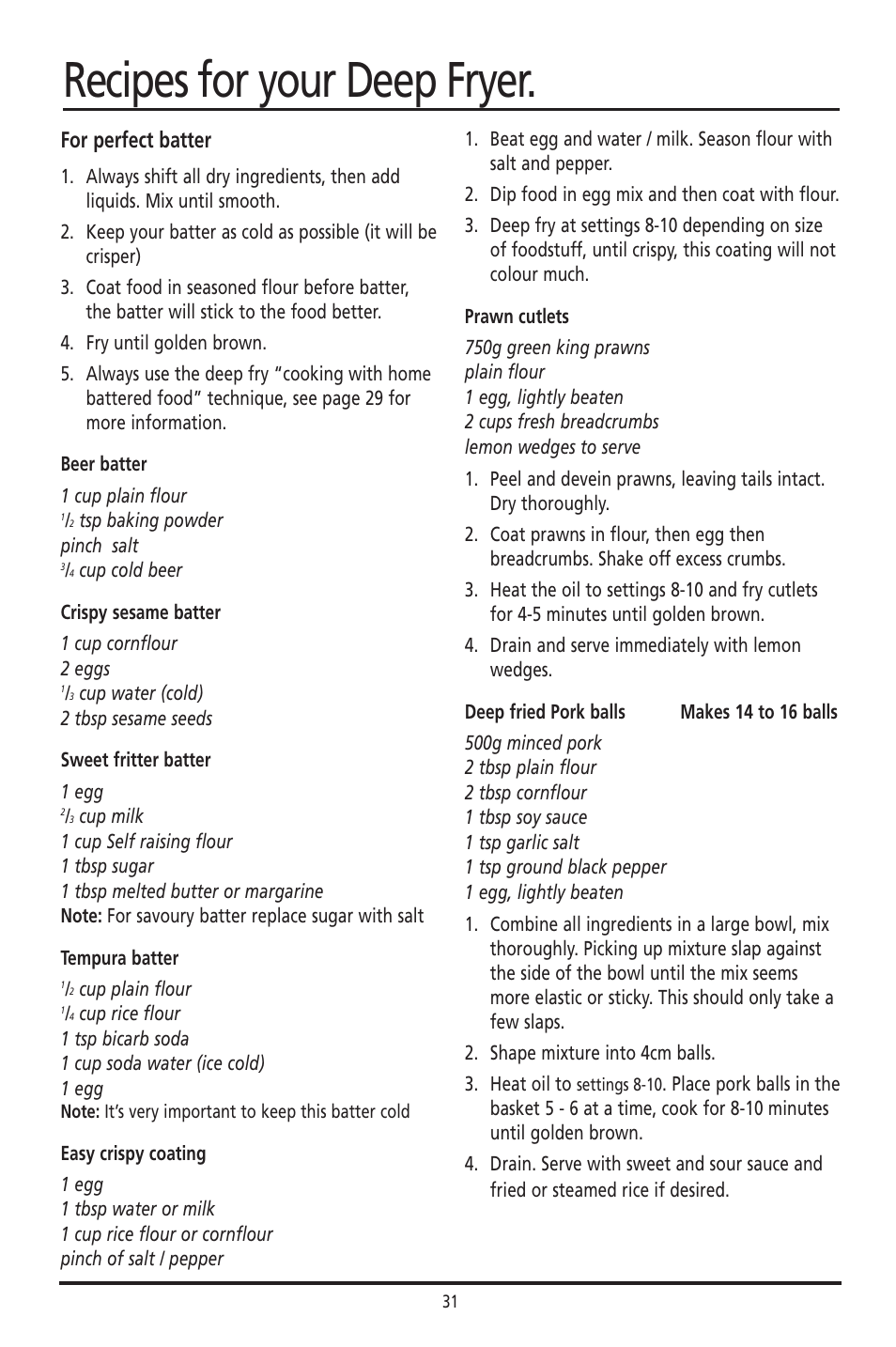 Recipes for your deep fryer, For perfect batter | Sunbeam DF4400 User Manual | Page 31 / 36