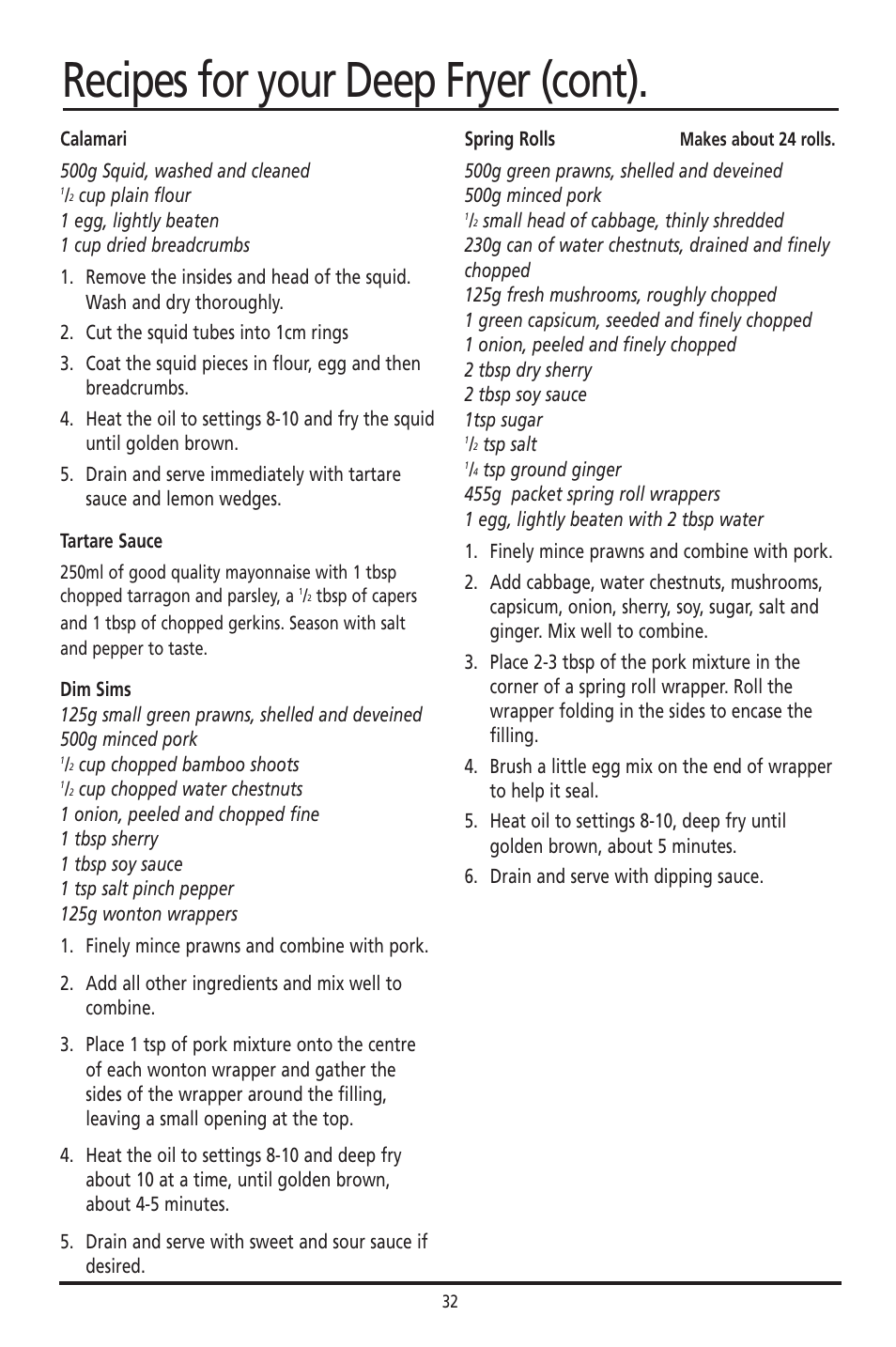 Recipes for your deep fryer (cont) | Sunbeam DF4400 User Manual | Page 32 / 36