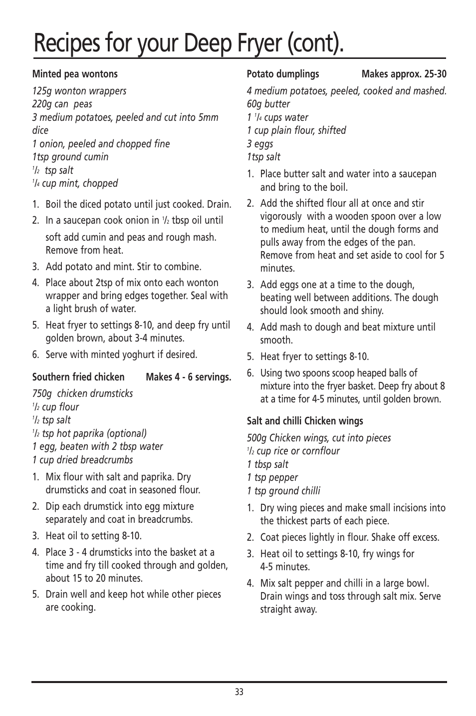 Recipes for your deep fryer (cont) | Sunbeam DF4400 User Manual | Page 33 / 36