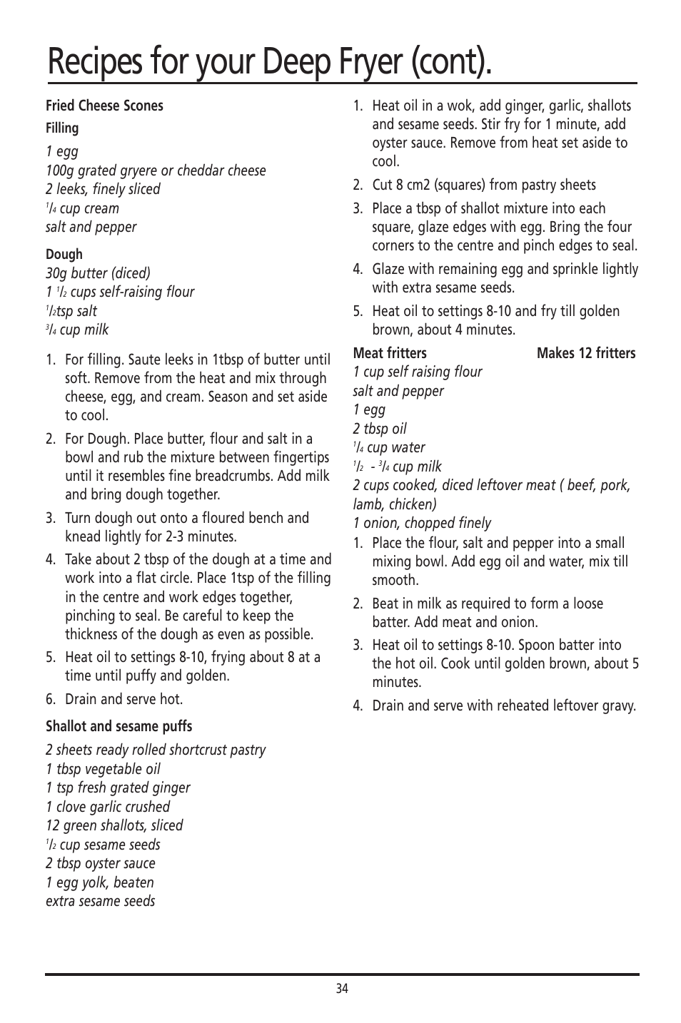 Recipes for your deep fryer (cont) | Sunbeam DF4400 User Manual | Page 34 / 36