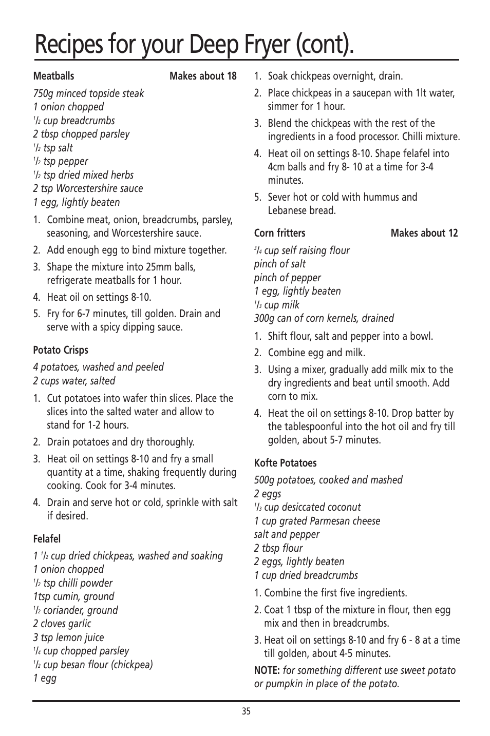 Recipes for your deep fryer (cont) | Sunbeam DF4400 User Manual | Page 35 / 36
