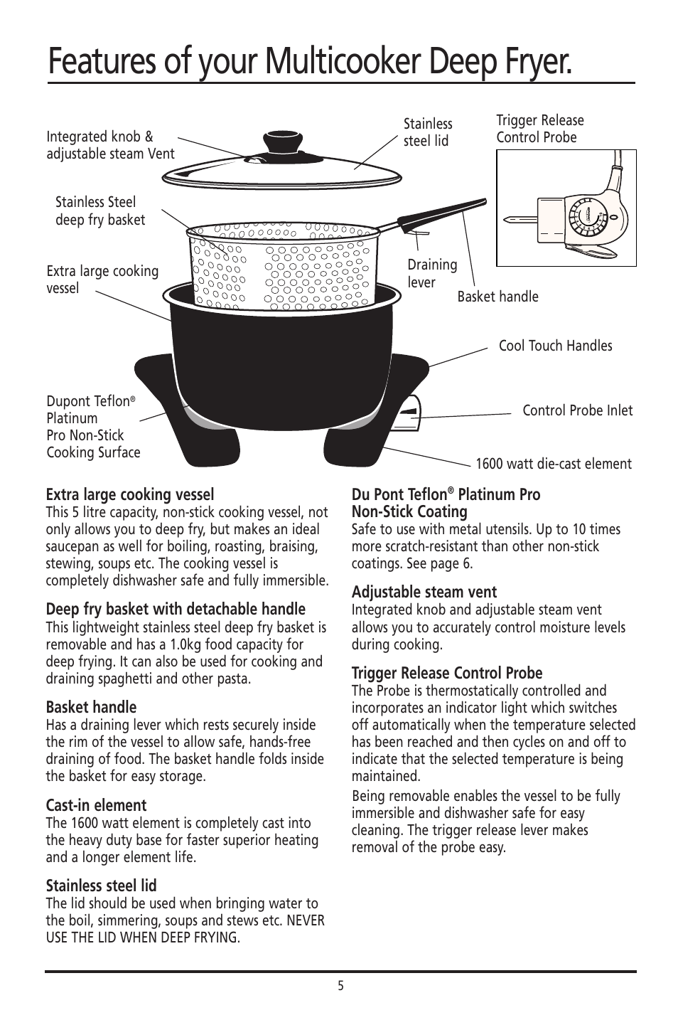 Features of your multicooker deep fryer | Sunbeam DF4400 User Manual | Page 5 / 36