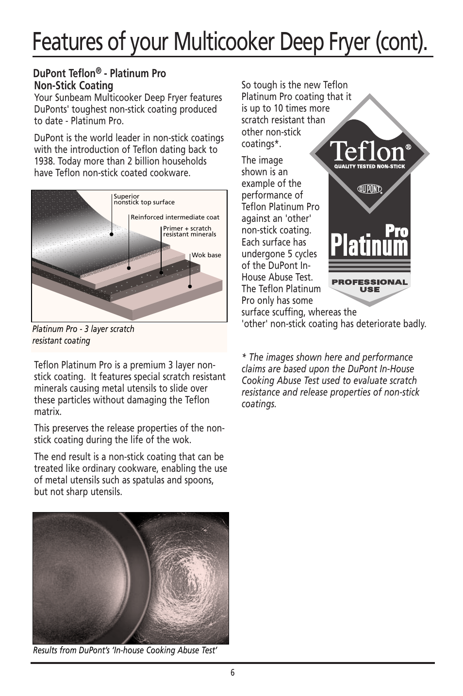 Features of your multicooker deep fryer (cont), Non-stick coating, Dupont teflon | Platinum pro | Sunbeam DF4400 User Manual | Page 6 / 36