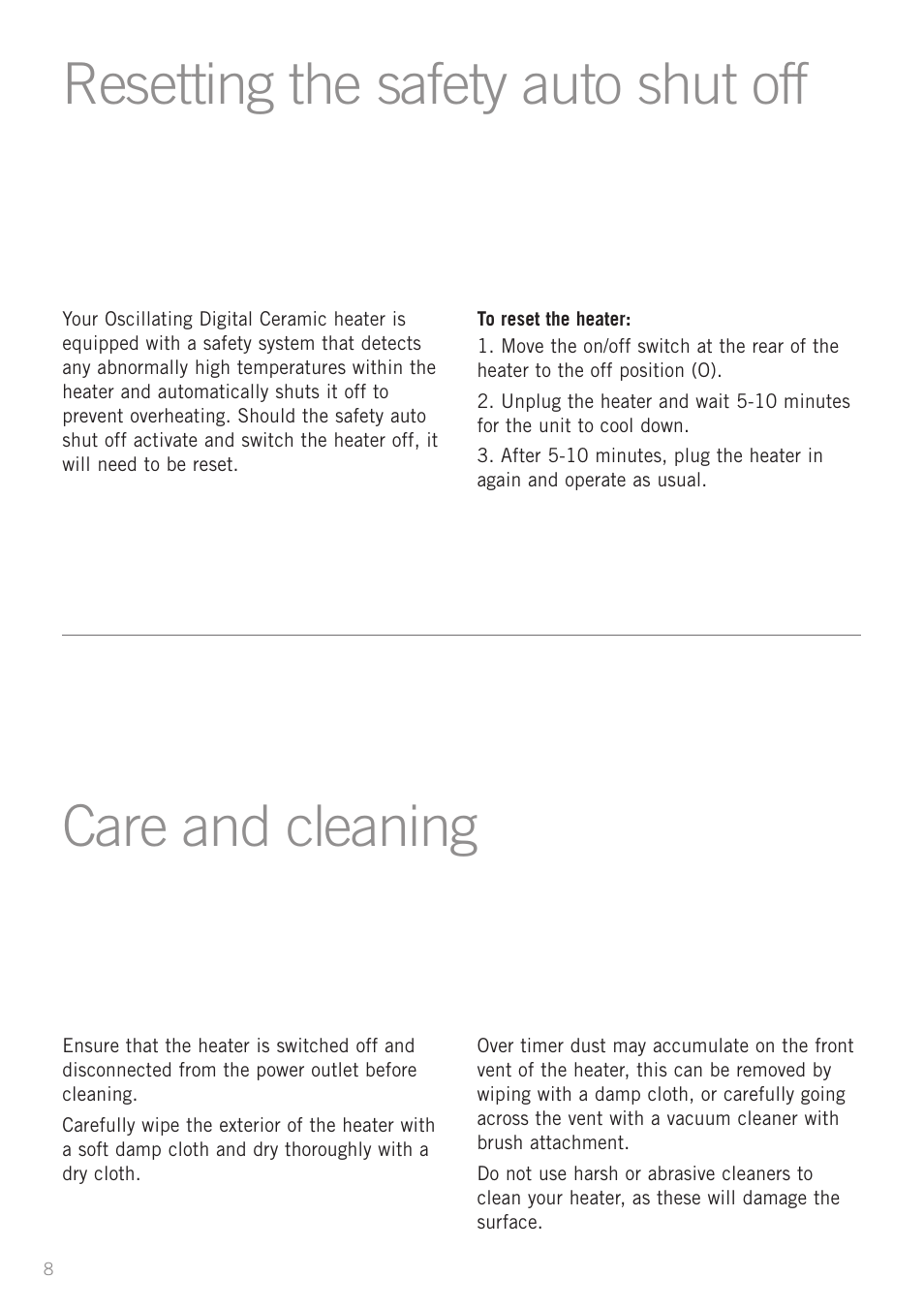 Resetting the safety auto shut off, Care and cleaning | Sunbeam HE2800 User Manual | Page 10 / 12