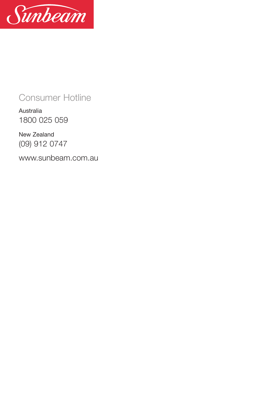 Consumer hotline | Sunbeam HE2800 User Manual | Page 12 / 12