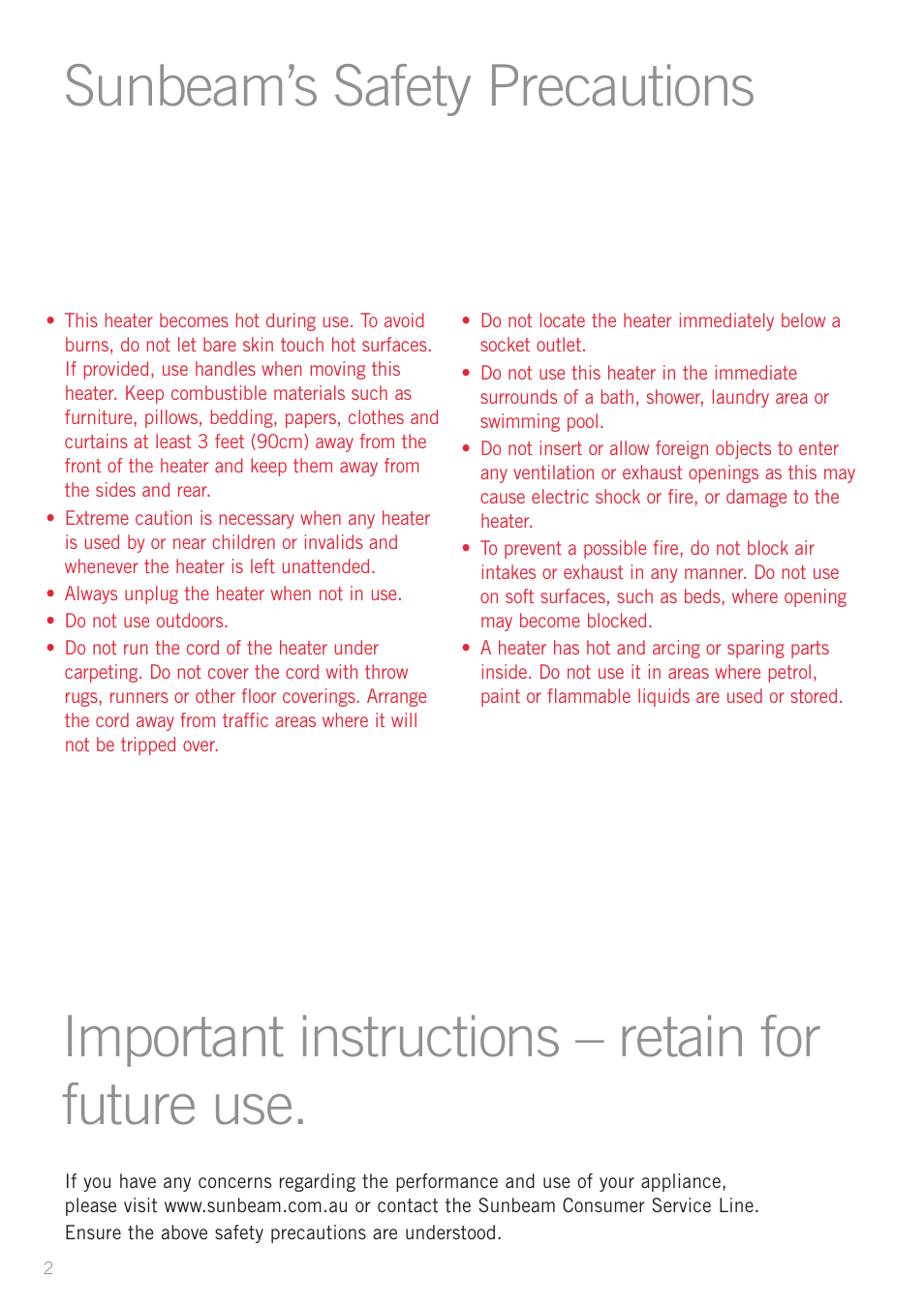 Sunbeam’s safety precautions, Important instructions – retain for future use | Sunbeam HE2800 User Manual | Page 4 / 12