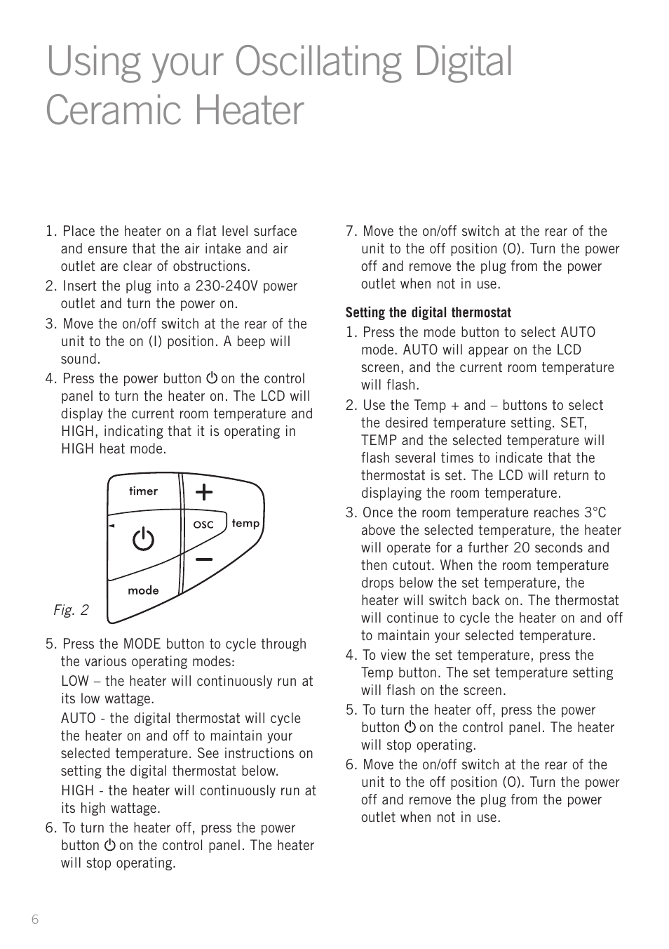 Using your oscillating digital ceramic heater | Sunbeam HE2800 User Manual | Page 8 / 12