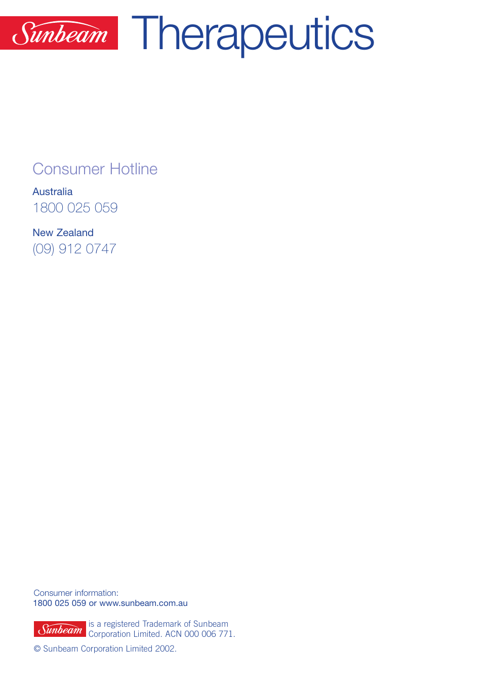 Therapeutics | Sunbeam FB3500 User Manual | Page 12 / 12