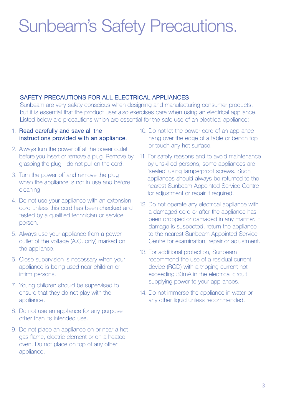 Sunbeam’s safety precautions | Sunbeam FB3500 User Manual | Page 5 / 12