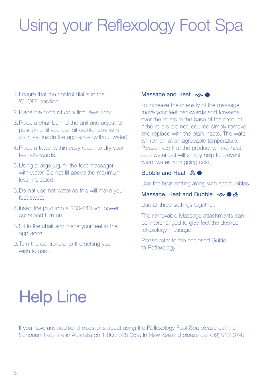 Using your reflexology foot spa help line | Sunbeam FB3500 User Manual | Page 8 / 12