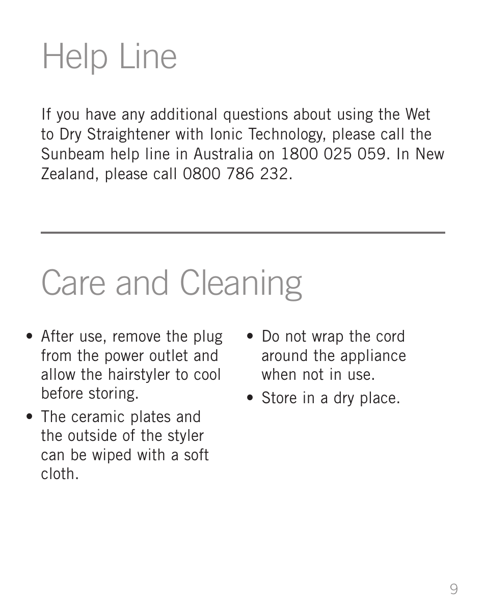 Help line, Care and cleaning | Sunbeam WD5810 User Manual | Page 11 / 12