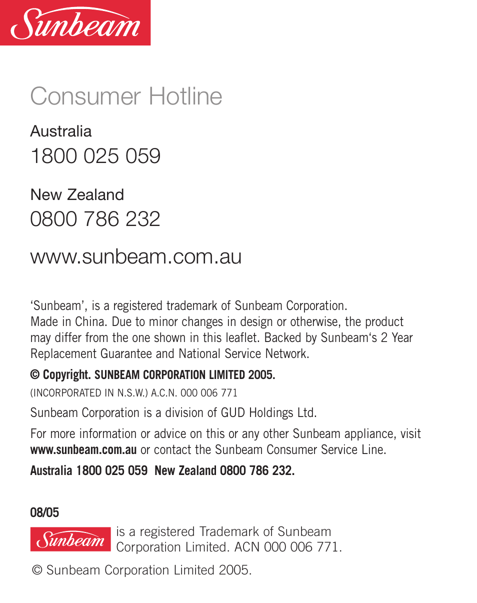Consumer hotline | Sunbeam WD5810 User Manual | Page 12 / 12