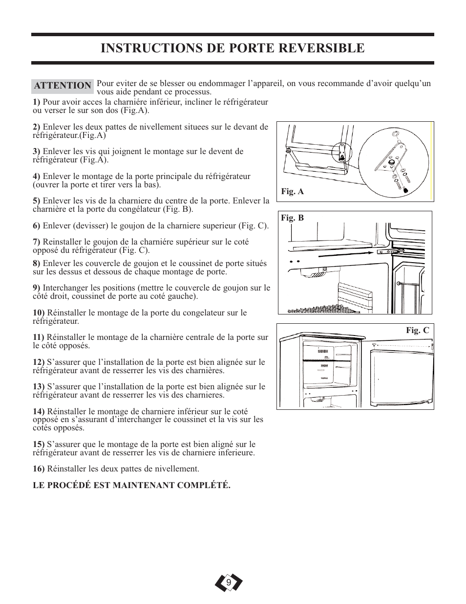 Instructions de porte reversible | Sunbeam DFF258WSB User Manual | Page 10 / 20