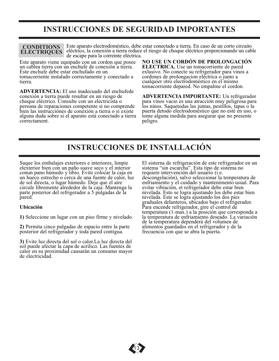Instrucciones de seguridad importantes, Instrucciones de installación | Sunbeam DFF258WSB User Manual | Page 14 / 20