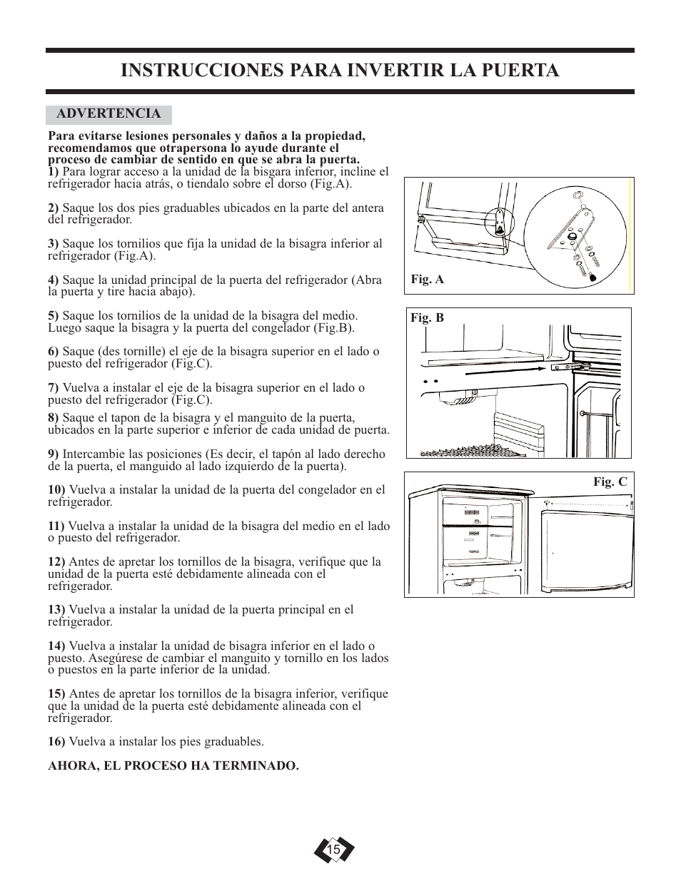 Instrucciones para invertir la puerta | Sunbeam DFF258WSB User Manual | Page 16 / 20