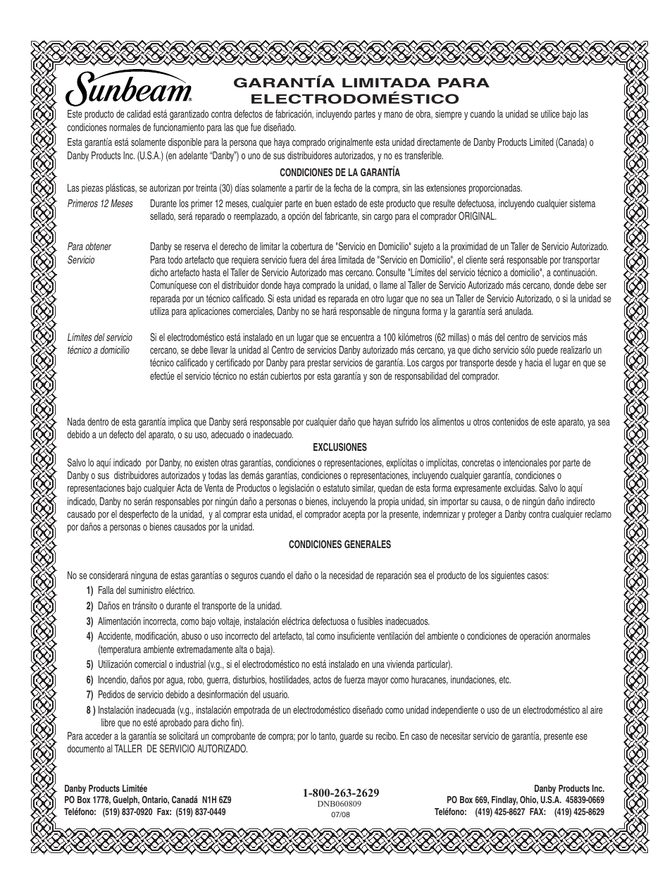 Sunbeam DFF258WSB User Manual | Page 19 / 20
